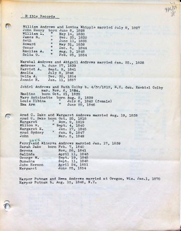 ANDREWS Bible Records WHIPPLE ANDREWS COLBY